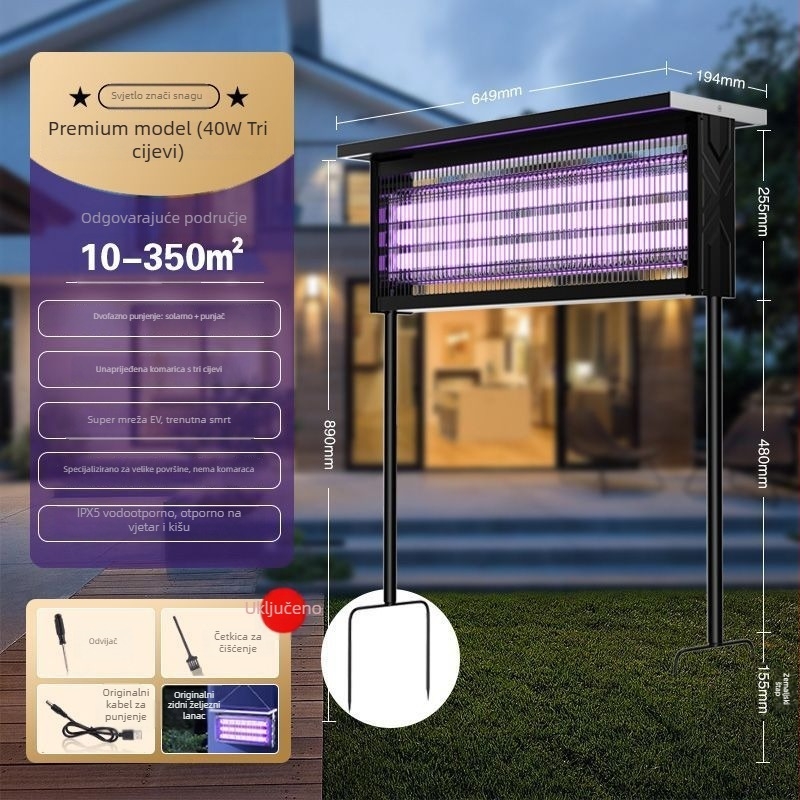 Vanjska solarna lampa za uništavanje komaraca - vodootporna, punjiva solarnom energijom, UV ljubičasta svjetlost, pokrivenost do 200 m²
