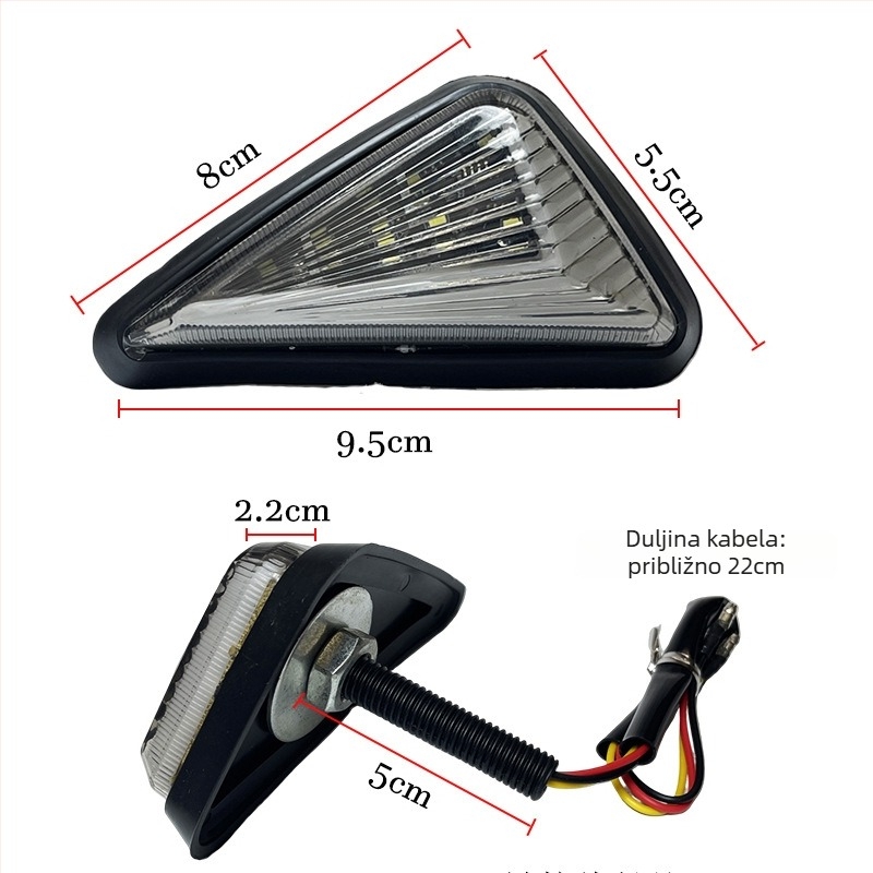 Ugrađena trokutasta LED migavac za motocikle, sportske automobile i cestovna vozila, model CC-038, 12V, LED izvor.