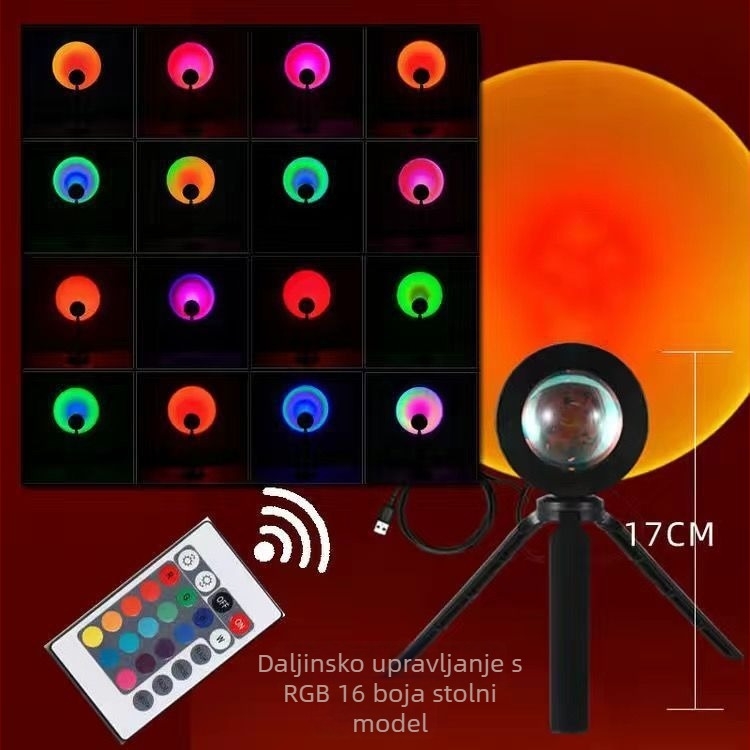 Daljinski upravljana lampa za zalazak sunca, 16 boja, prijenosna projekcija atmosfere, regulacija visine — LED izvor, ≤5W, ≤36V, PVC konstrukcija