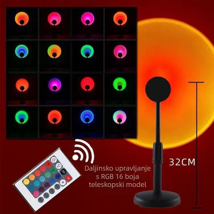 Daljinski upravljana lampa za zalazak sunca, 16 boja, prijenosna projekcija atmosfere, regulacija visine — LED izvor, ≤5W, ≤36V, PVC konstrukcija