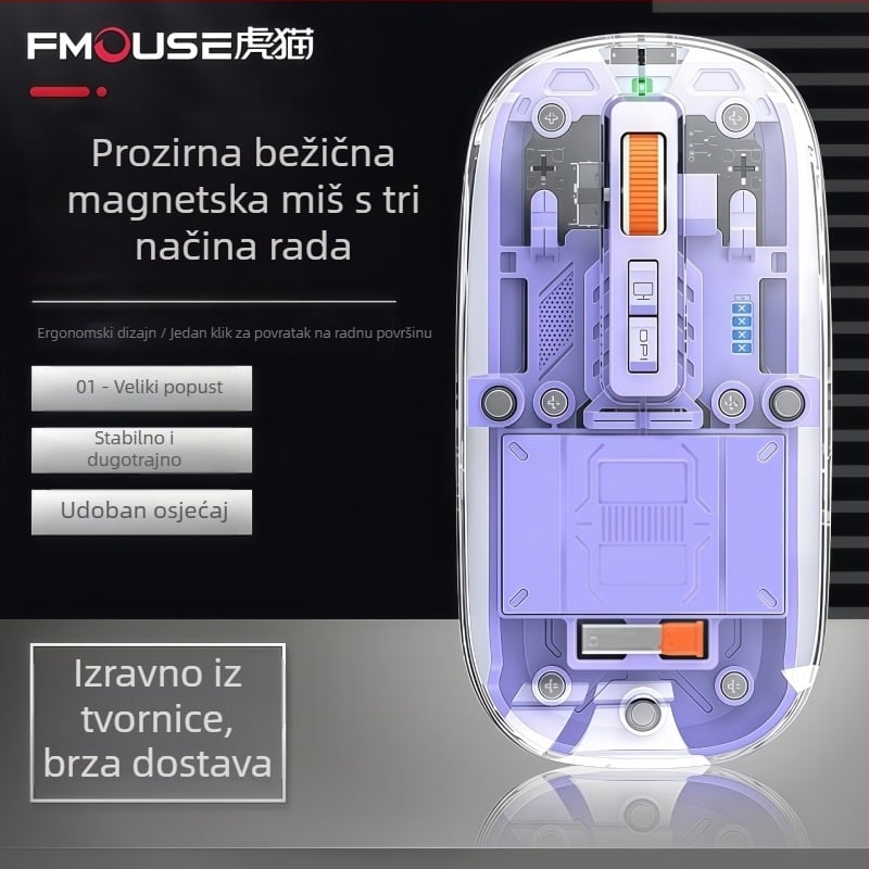 Bežična miša, 2.4G + Bluetooth, 1600dpi, 5 tipki, domet 10m, težina 76 g, kompatibilno s laptopom