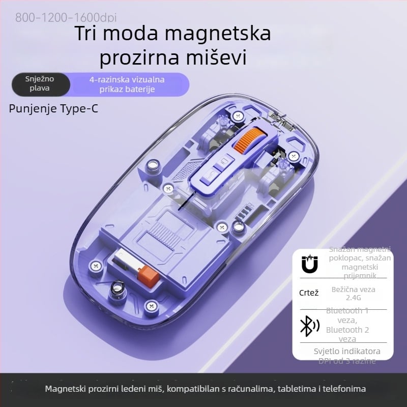 Bežična miša, 2.4G + Bluetooth, 1600dpi, 5 tipki, domet 10m, težina 76 g, kompatibilno s laptopom