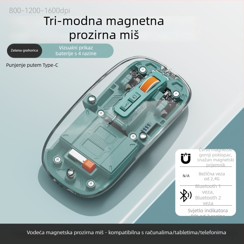 Bežična miša, 2.4G + Bluetooth, 1600dpi, 5 tipki, domet 10m, težina 76 g, kompatibilno s laptopom