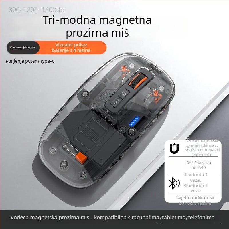 Bežična miša, 2.4G + Bluetooth, 1600dpi, 5 tipki, domet 10m, težina 76 g, kompatibilno s laptopom