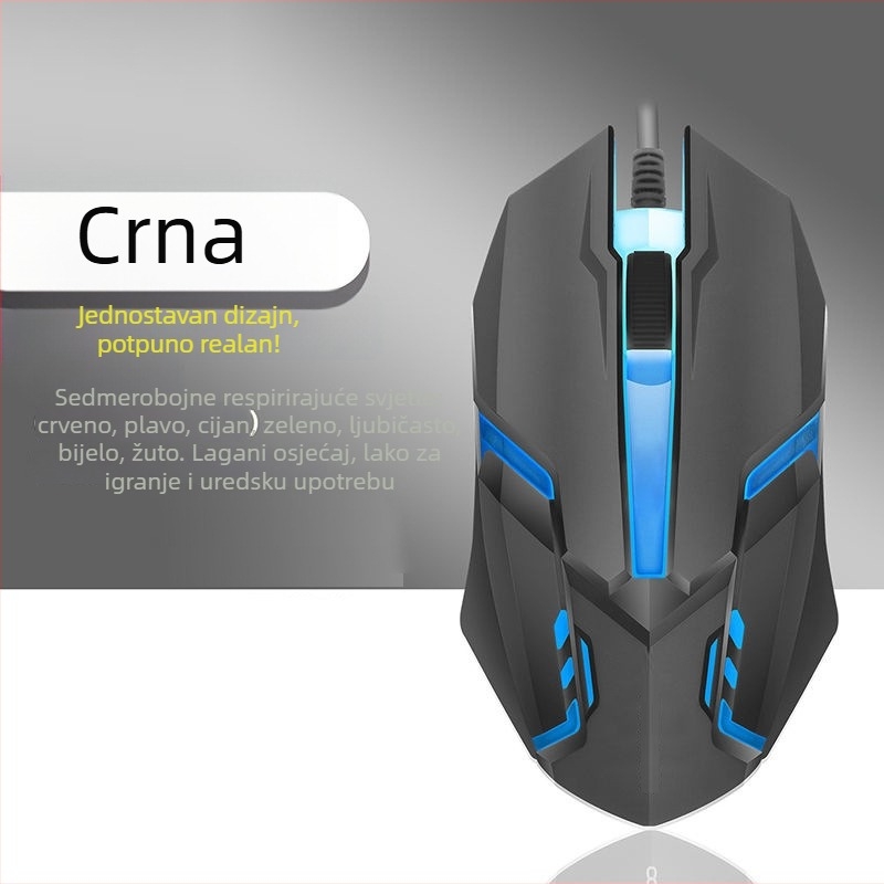 Žični tiho gaming miš, mehanički, osvijetljen, USB