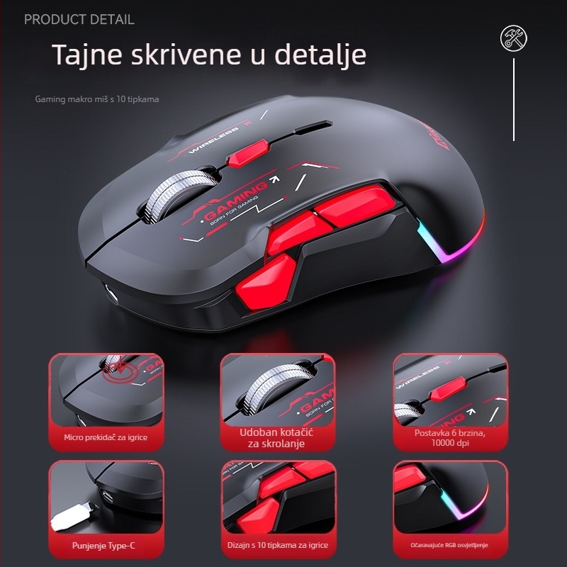 Gaming miš s 10 makro tipkama, tro-modni način povezivanja (žično, 2,4G bežično, Bluetooth), 10000 DPI, model W12.