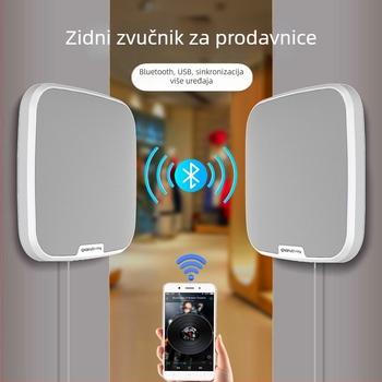 Zidni Bluetooth zvučnik za komercijalnu upotrebu s 3D surround zvukom; Bluetooth 5.0 | 15 W | frekvencijski raspon 60 Hz–15 kHz | SNR ≥85 dB | doseg do 10 m
