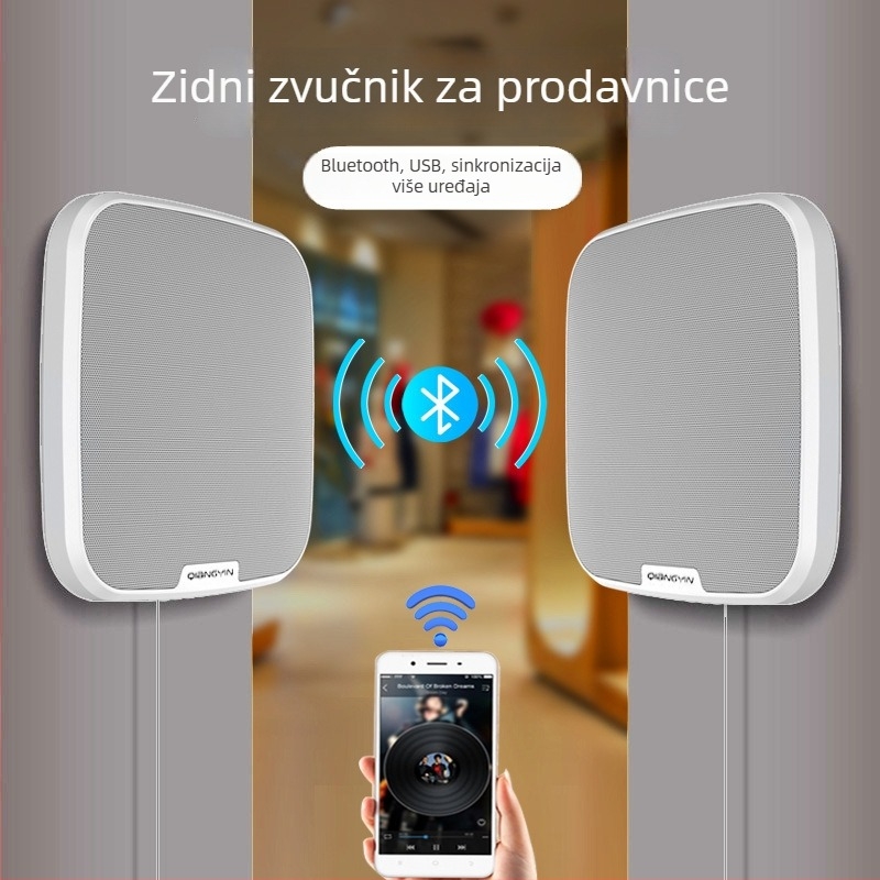 Zidni Bluetooth zvučnik za komercijalnu upotrebu s 3D surround zvukom; Bluetooth 5.0 | 15 W | frekvencijski raspon 60 Hz–15 kHz | SNR ≥85 dB | doseg do 10 m