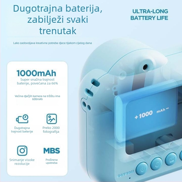 Dječja kamera-igrački s 3,0-inčnim LCD-om, rezolucija 4800 piksela, pohrana na memorijsku karticu, baterija 1000mAh, fotografiranje, snimanje videa i kontinuirano snimanje
