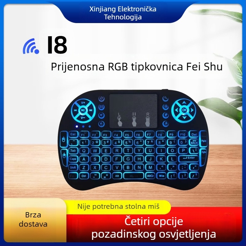 Bežična mini tipkovnica s rasvjetom i air-mouse daljinskim upravljačem (i8) – USB, domet 10 m, 2000 dpi