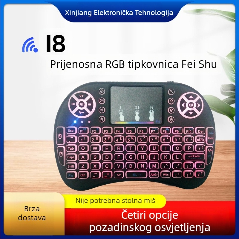 Bežična mini tipkovnica s rasvjetom i air-mouse daljinskim upravljačem (i8) – USB, domet 10 m, 2000 dpi