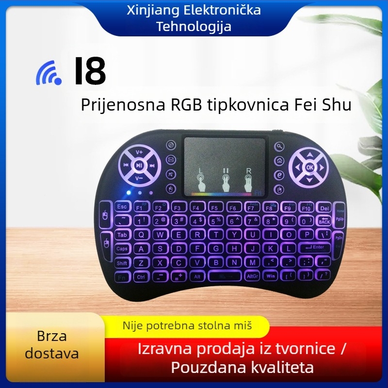 Bežična mini tipkovnica s rasvjetom i air-mouse daljinskim upravljačem (i8) – USB, domet 10 m, 2000 dpi