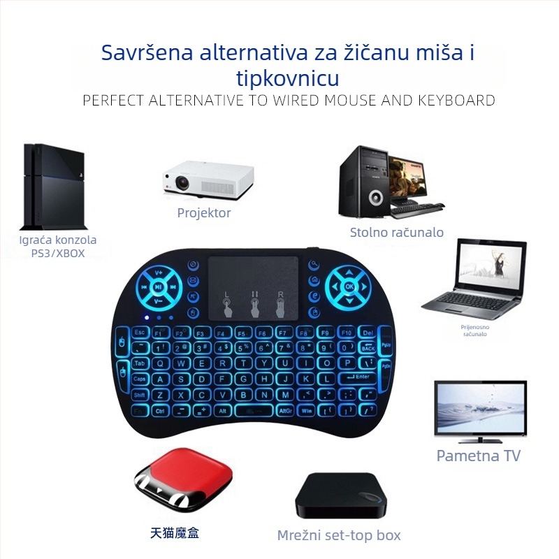 Bežična mini tipkovnica s rasvjetom i air-mouse daljinskim upravljačem (i8) – USB, domet 10 m, 2000 dpi