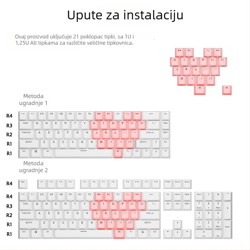 Set kapica tipki leptira s prozirnim srcem i bočnim graviranjem, 21 tipki za bežičnu mehaničku tipkovnicu, materijal PC, USB sučelje