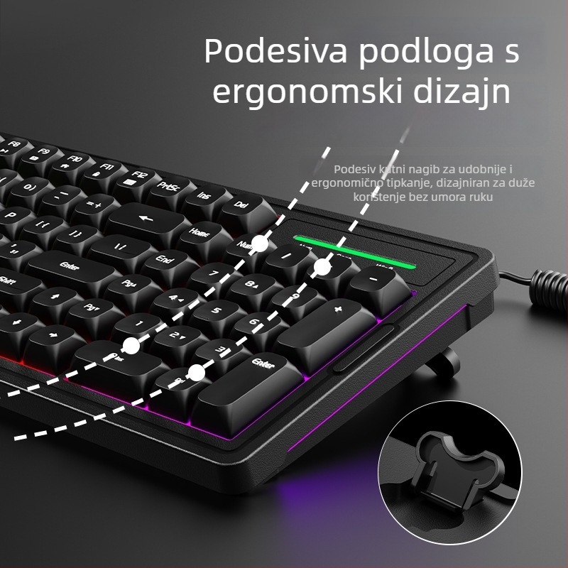Set tipkovnice i miša s pozadinskim osvjetljenjem, 101 tipki, zeleni osovinski prekidači, 1.5 m kabel, vodootporan