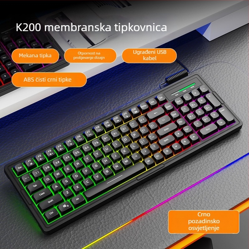 Set tipkovnice i miša s pozadinskim osvjetljenjem, 101 tipki, zeleni osovinski prekidači, 1.5 m kabel, vodootporan