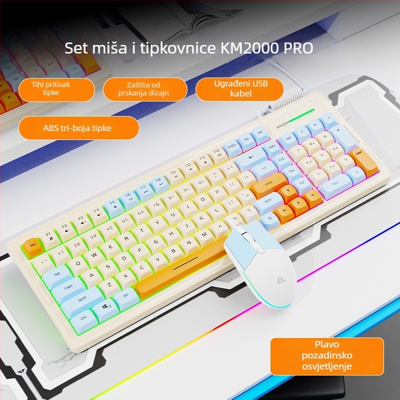 Set tipkovnice i miša s pozadinskim osvjetljenjem, 101 tipki, zeleni osovinski prekidači, 1.5 m kabel, vodootporan