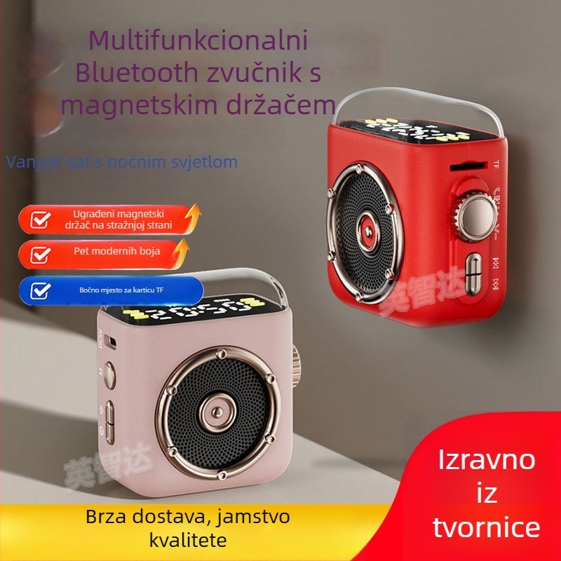 Bluetooth zvučnik s noćnim svjetlom i satom, prijenosni magnetski stražnji klip, 5W, Bluetooth 5.3, 100 Hz–20 kHz, 10 m domet, ugrađena baterija