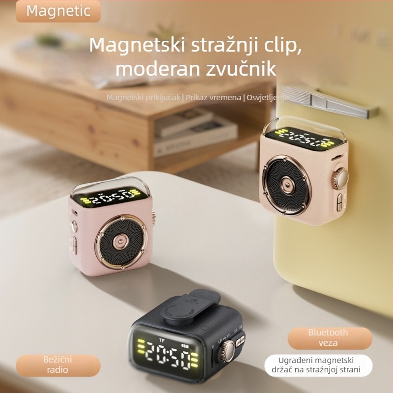 Bluetooth zvučnik s noćnim svjetlom i satom, prijenosni magnetski stražnji klip, 5W, Bluetooth 5.3, 100 Hz–20 kHz, 10 m domet, ugrađena baterija