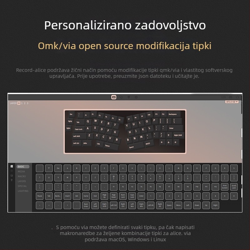 Weikav Vega RECORD Alice 68-tipkovnica mehanička s aluminijskim tijelom, tri načina, bežična, RGB gasket set