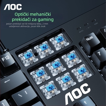 AOC GK410 gaming tipkovnica, 104 tipki, žična, mehanički prekidači, metalno kućište, pozadinsko osvjetljenje