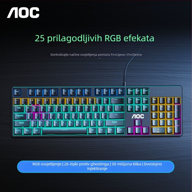 AOC GK410 gaming tipkovnica, 104 tipki, žična, mehanički prekidači, metalno kućište, pozadinsko osvjetljenje