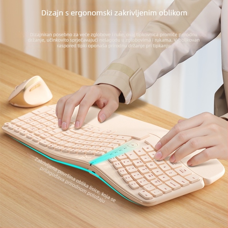 Ergonomski set tipkovnice i miša, tri načina bežične veze (Bluetooth), 98+ tipki, s jastučićem za zglob