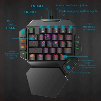 Gaming tipkovnica za lijevu ruku, 87 tipki, žična USB, mehanički prekidači, RGB pozadinsko osvjetljenje, s jastučićem za zglobove