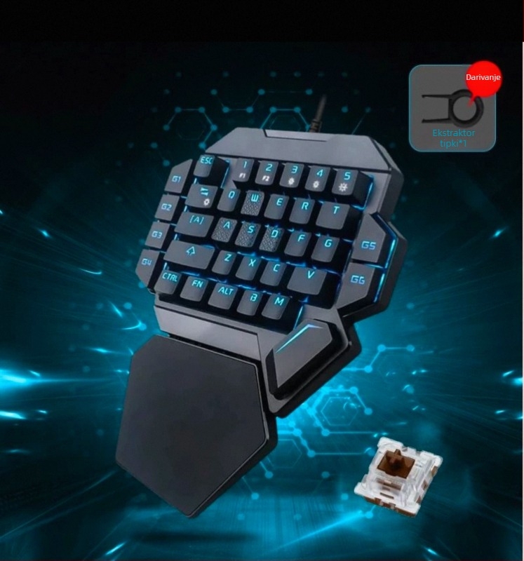Gaming tipkovnica za lijevu ruku, 87 tipki, žična USB, mehanički prekidači, RGB pozadinsko osvjetljenje, s jastučićem za zglobove