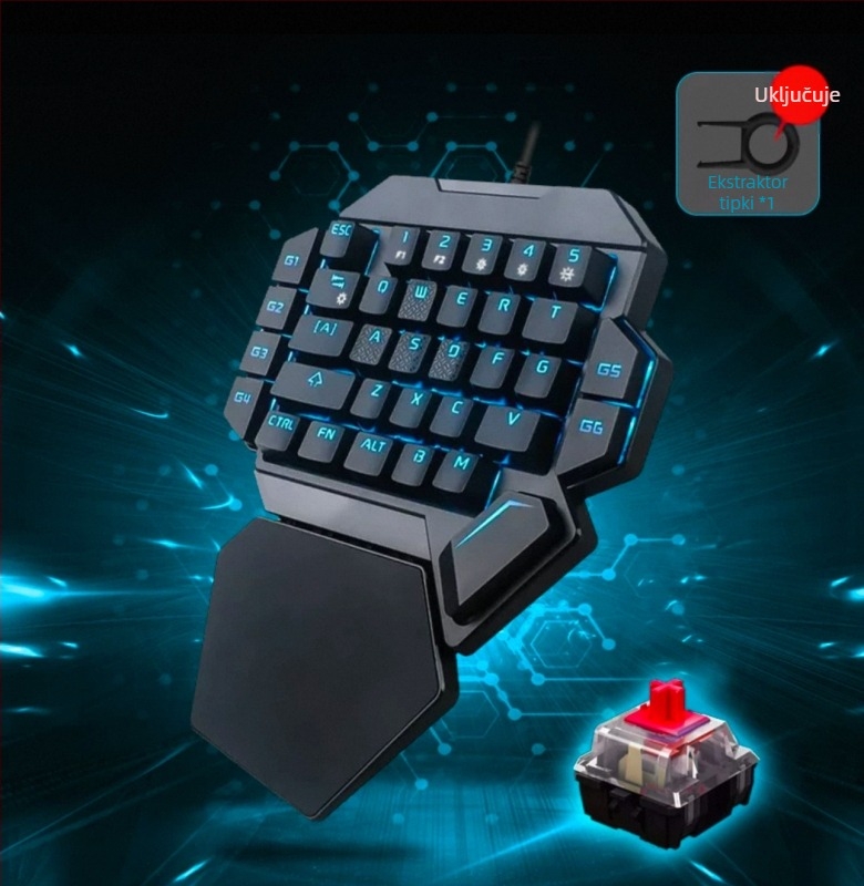 Gaming tipkovnica za lijevu ruku, 87 tipki, žična USB, mehanički prekidači, RGB pozadinsko osvjetljenje, s jastučićem za zglobove