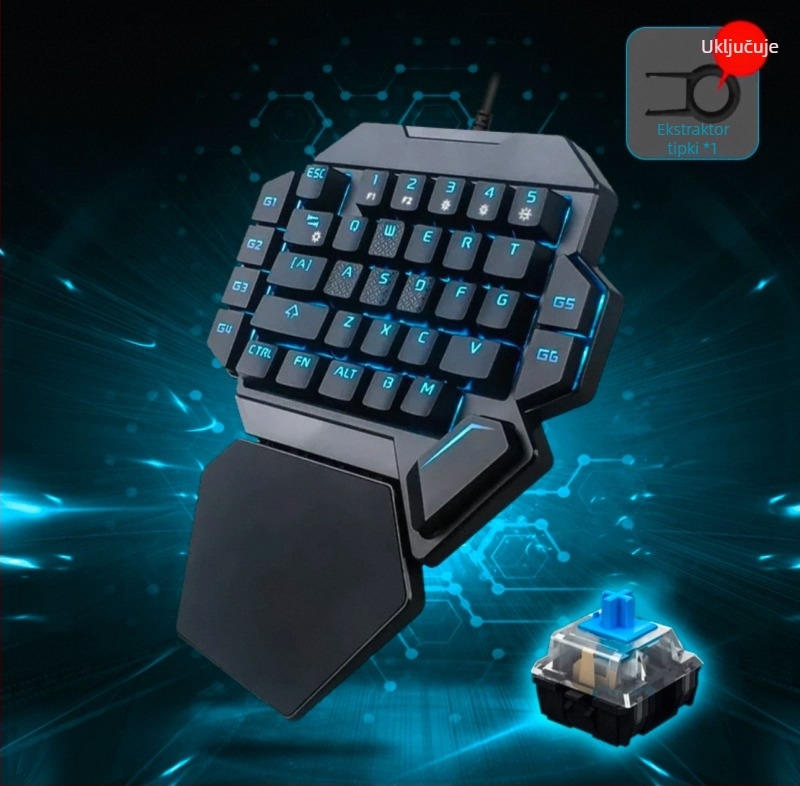 Gaming tipkovnica za lijevu ruku, 87 tipki, žična USB, mehanički prekidači, RGB pozadinsko osvjetljenje, s jastučićem za zglobove
