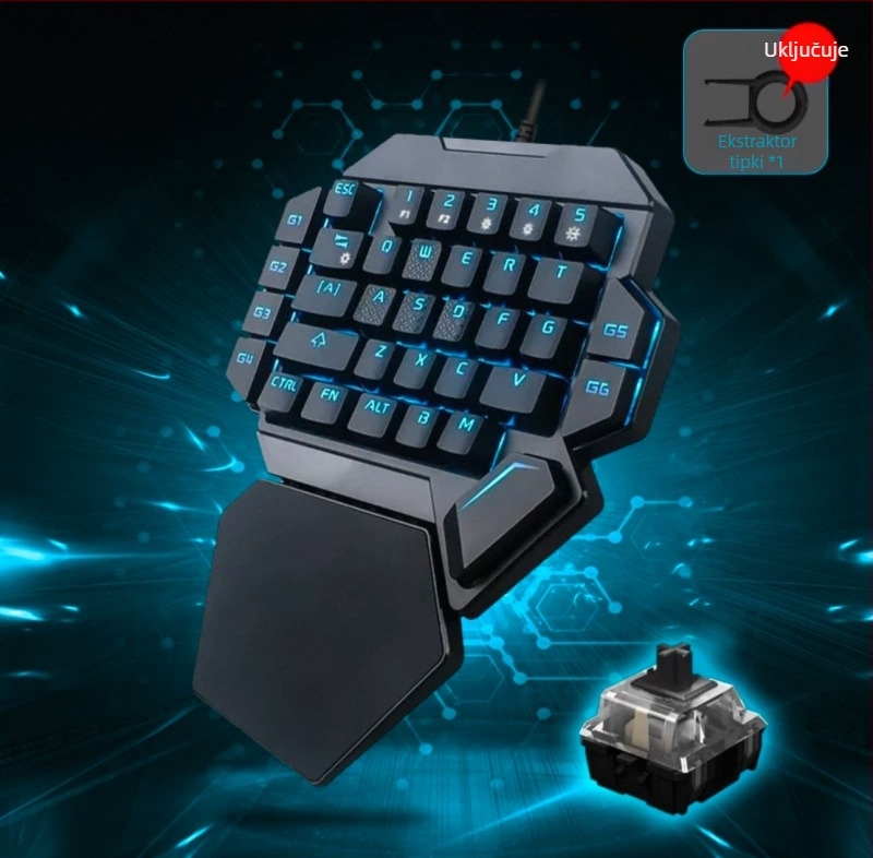 Gaming tipkovnica za lijevu ruku, 87 tipki, žična USB, mehanički prekidači, RGB pozadinsko osvjetljenje, s jastučićem za zglobove
