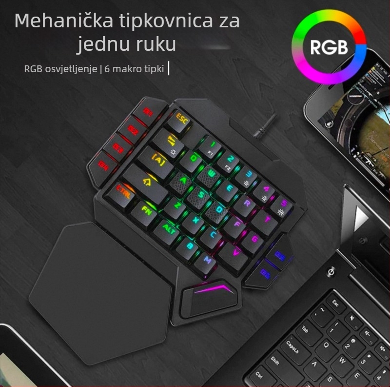 Gaming tipkovnica za lijevu ruku, 87 tipki, žična USB, mehanički prekidači, RGB pozadinsko osvjetljenje, s jastučićem za zglobove