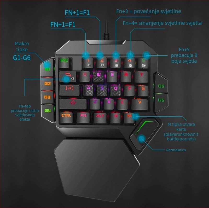 Gaming tipkovnica za lijevu ruku, 87 tipki, žična USB, mehanički prekidači, RGB pozadinsko osvjetljenje, s jastučićem za zglobove