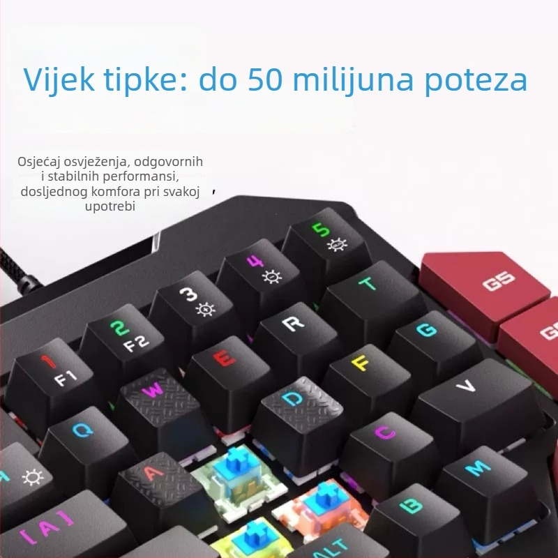 Gaming tipkovnica za lijevu ruku, 87 tipki, žična USB, mehanički prekidači, RGB pozadinsko osvjetljenje, s jastučićem za zglobove