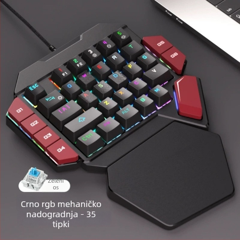Gaming tipkovnica za lijevu ruku, 87 tipki, žična USB, mehanički prekidači, RGB pozadinsko osvjetljenje, s jastučićem za zglobove