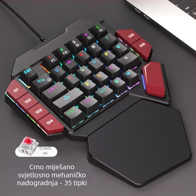 Gaming tipkovnica za lijevu ruku, 87 tipki, žična USB, mehanički prekidači, RGB pozadinsko osvjetljenje, s jastučićem za zglobove