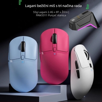 Bežična gaming miška s tri načina povezivanja (2.4G/Bluetooth), 2400dpi, 6 programabilnih tipki, makro programiranje, punjačka baza s bežičnim punjenjem