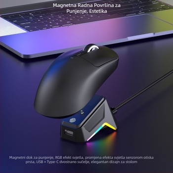 Bežična gaming miška s tri načina povezivanja (2.4G/Bluetooth), 2400dpi, 6 programabilnih tipki, makro programiranje, punjačka baza s bežičnim punjenjem