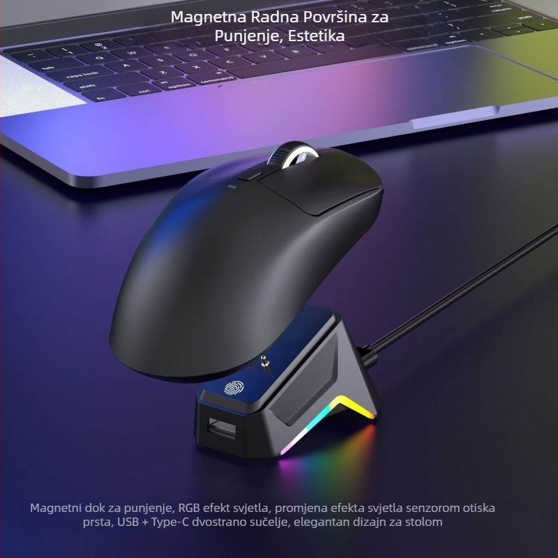 Bežična gaming miška s tri načina povezivanja (2.4G/Bluetooth), 2400dpi, 6 programabilnih tipki, makro programiranje, punjačka baza s bežičnim punjenjem