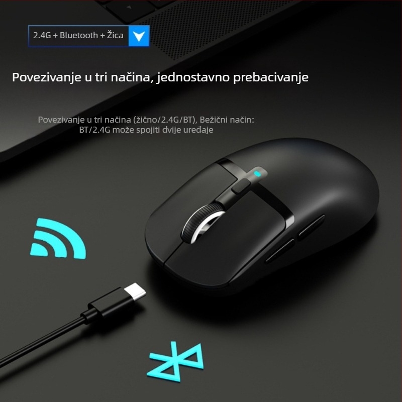 Bežična gaming miška s tri načina povezivanja (2.4G/Bluetooth), 2400dpi, 6 programabilnih tipki, makro programiranje, punjačka baza s bežičnim punjenjem