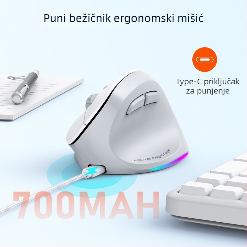 Bežični Bluetooth ergonomski miš za ured, dvomodni način, 2000 DPI, 6 tipki, punjiv
