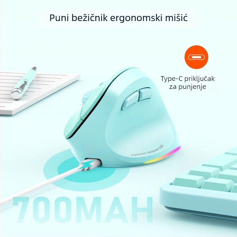 Bežični Bluetooth ergonomski miš za ured, dvomodni način, 2000 DPI, 6 tipki, punjiv