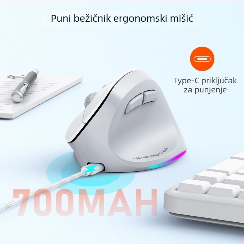 Bežični Bluetooth ergonomski miš za ured, dvomodni način, 2000 DPI, 6 tipki, punjiv