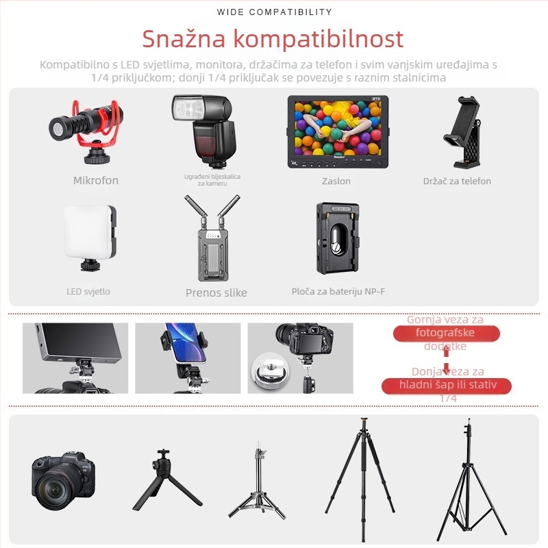 Ažurirani metalni gimball s podesivim tlomljenjem za nosač monitora i hot shoe kamere (aluminijska legura)