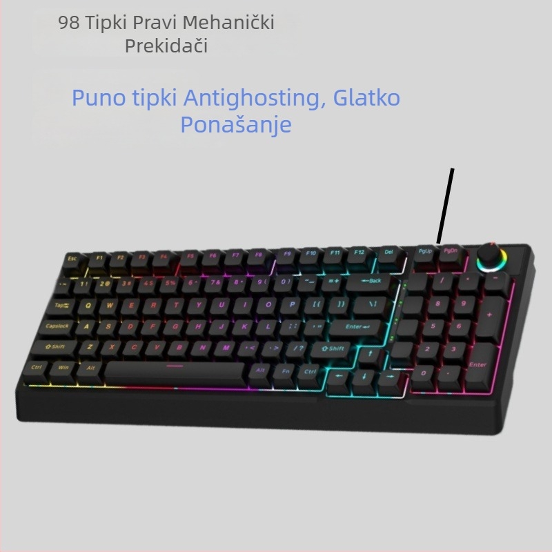 Mehanička tipkovnica s plavim prekidačem, više od 98 tipki, žično povezivanje, RGB pozadinsko osvjetljenje