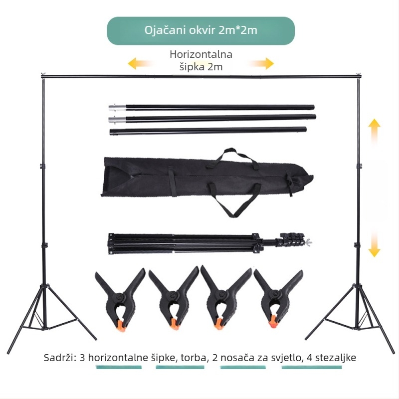 Stalak za pozadinu u studiju s gantry okvirom, metalna konstrukcija; materijal željezo i premazani aluminij; radna visina 2 m; težina 2,4 kg; marka Hongming