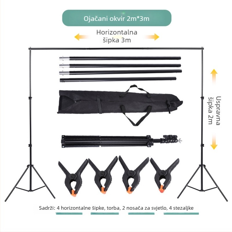 Stalak za pozadinu u studiju s gantry okvirom, metalna konstrukcija; materijal željezo i premazani aluminij; radna visina 2 m; težina 2,4 kg; marka Hongming