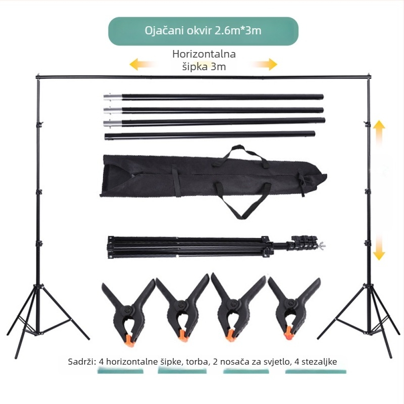Stalak za pozadinu u studiju s gantry okvirom, metalna konstrukcija; materijal željezo i premazani aluminij; radna visina 2 m; težina 2,4 kg; marka Hongming