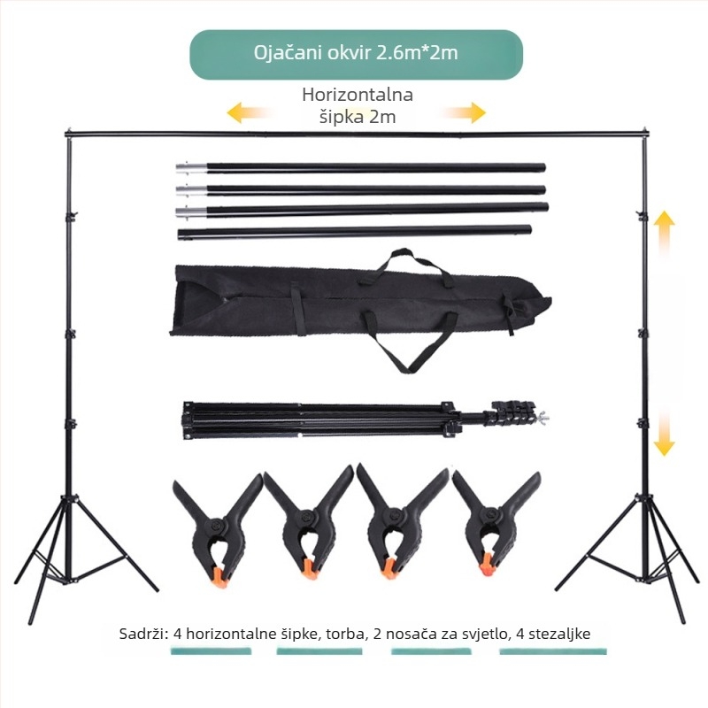 Stalak za pozadinu u studiju s gantry okvirom, metalna konstrukcija; materijal željezo i premazani aluminij; radna visina 2 m; težina 2,4 kg; marka Hongming